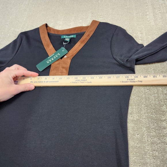 Ralph Lauren Shirt Womens Medium Black V-Neck Top Faux Suede Brown Trim NEW - Picture 4 of 8